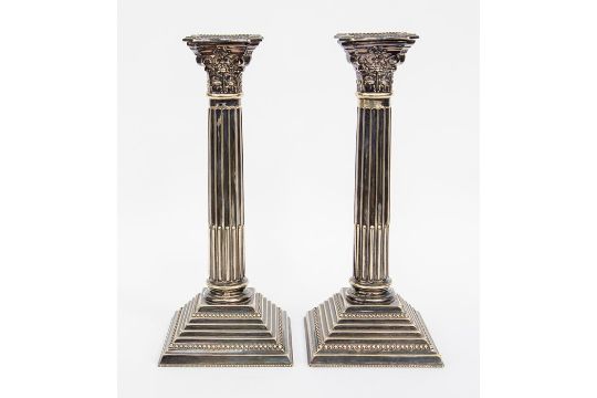 A pair of silver plated candle sticks, in Corinthian column form, height approx. 25cm. Maker - Image 1 of 5