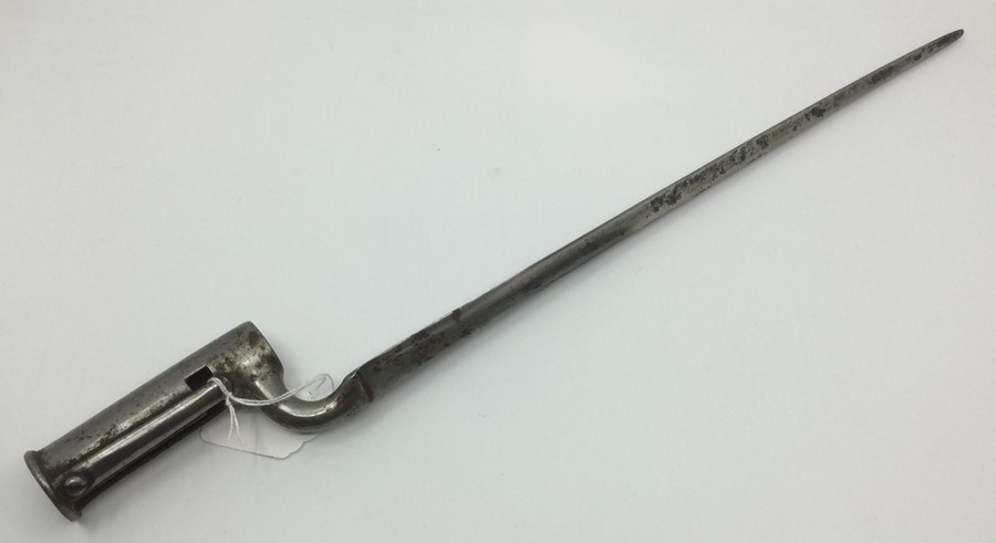 British India Pattern Catch Socket Bayonet with 37cm triangular section blade. Marked "Crown 4".