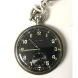 WW2 British General Service Trade Pattern pocket watch by "CYMA". Black dial with Arabic numeral and