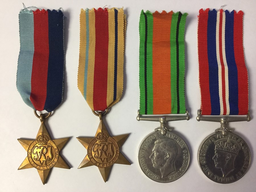 WW2 British Medals, 1939-45 Star, Africa Star, Defnce Medal and War Medal. All complete with