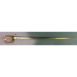 1845 pattern Victorian Army Officers Sword with fullered, etched, single edged blade 82cm in length.