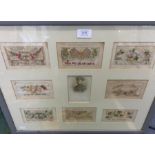 WW1 British Silk Postcards in two framed mounts: eight cards and a photograph in one frame and eight