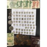 A collection of silver Threepence pre 20 & pre 47, UK bank notes, UK copper coins, including 1799