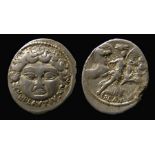 Republican Silver Denarius L. Plautius Plancus Obverse: Facing head of Medusa with disheveled