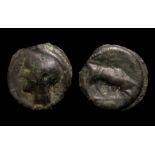 Cantiaci Thurrock MA Cast Potin Obverse: Head of Apollo left. Reverse: Bull butting right, no MA