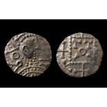 Anglo-Saxon Silver Sceatta Series R Variant Obverse: Radiate bust right, AoA behind with annulet.