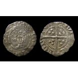 Henry V Silver Halfpenny Obverse: Crowned facing bust, trefoil and annulet by crown, +HENRIC REX