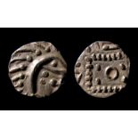 Anglo-Saxon Silver Sceattas Series E Obverse: Quilled crescent right, pellet eye enclosed within
