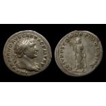 Trajan Silver Denarius Obverse: Laureate bust right, drapery on far shoulder. IMP TRAIANO AVG GER