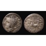 C Coelius Caldus denarius dating to c. 104 BC. Mint of Rome. Obverse: no inscription, helmeted