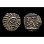 Anglo-Saxon Silver Sceattas Series E Obverse: Quilled crescent right, triangular head and saltire