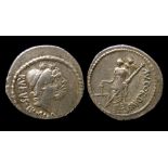 Republican Silver Denarius MN. Cords Rufus Obverse: Conjoined heads of the Dioscuri right wearing