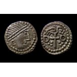 Anglo-Saxon Silver Sceattas Series J Type 85 Obverse: Diademed head right, crescent ear and braided