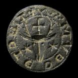 Medieval Bronze Seal Matrix. A medieval copper-alloy seal matrix of circular form with an intact