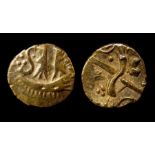 Belgae Hampshire Thunderbolt Gold Quarter Stater Obverse: Stylised boat with two standing figures,