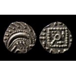 Anglo-Saxon Silver Sceattas Series E / Variety F Obverse: Quilled crescent above pellet-outlined