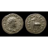 Philip II Silver Antoninianus Obverse: Radiate bust right, IMP PHILIPPVS AVG. Reverse: SAECVLARES