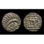 Anglo-Saxon Silver Sceattas Series E Variety 96 Obverse: Quilled crescent coiled right enclosing
