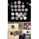 Nine Silver Bullion Coins, with a 1889 Crown, 1887 Shilling with thirteen Commemorative Crowns,