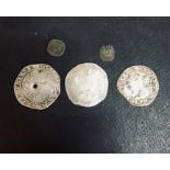 Charles I, Halfcrown 1636-8 mm Tun (holed), another 1643-4 mm (P) under Parliament, Shilling 1636-
