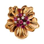Cartier - a ruby and diamond yellow gold Cartier flower brooch, circa 1950's, comprising a cluster