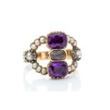 A George IV amethyst, diamond and seed pearl mourning ring, with central hair locket flanked by