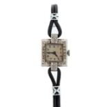 A ladies Art Deco diamond and platinum cocktail wristwatch, square champagne dial, approx. 13mm with