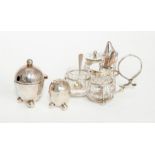 A group of silver condiments including: late Victorian plain trefoil stand with loop handle and