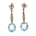 A pair of aquamarine and white stone drop earrings, claw set cushion cut aquamarines approx 3.3cts