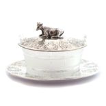 A Victorian glass and silver butter dish, the frosted glass pail shaped dish with a loose cover,
