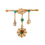 An Edwardian pearl and turquoise set 18ct gold spider bar brooch, with a central baroque pearl