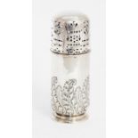 A late Victorian silver cylindrical sugar shaker, the base chased with scrolling acanthus leaves,