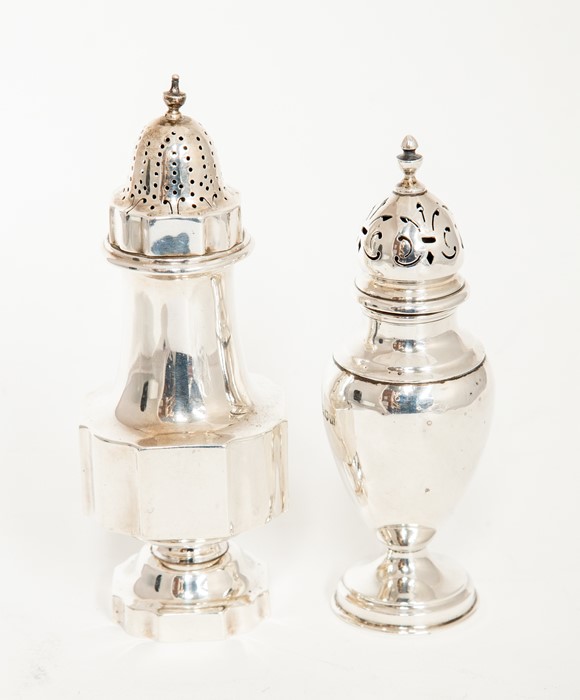 A George V silver sugar caster quatrefoil shape, the detachable cover with urn shaped finial, by