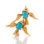 A continental turquoise and 18ct gold 1950's bird brooch, comprising two birds in flight, each