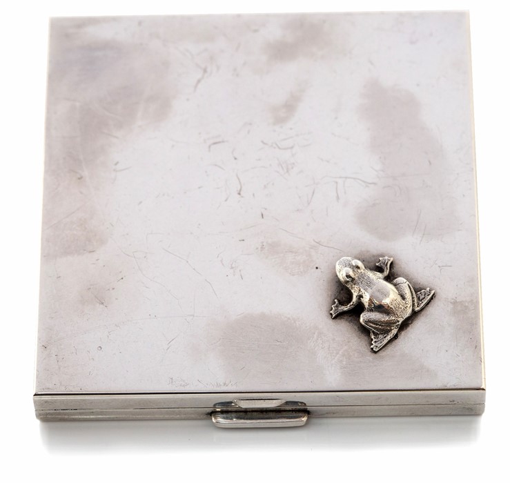 Georg Jensen - a sterling silver Georg Jensen square form compact, with applied frog to one