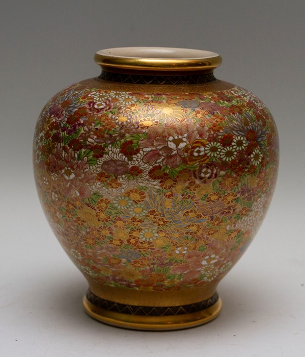 A Japanese satsuma ware ovoid vase, early 20th Century, extensive peony decoration in coloured