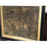 A 17th Century textile picture, depicting an extensive landscape houses, figures, animals, angel,