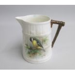 A Royal Worcester Barrel Shaped Jug painted with a Great Tit signed by D Jones. Date: coded 1952