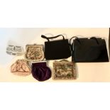 A collection of evening bags to include a 1930s cream beaded bag. Two tapestry bags one with a