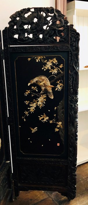 A 19th Century Meiji period hardwood Japanese shibayama four panelled fold dressing screen, circa - Image 5 of 5