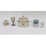 A group of early nineteenth century hand painted pearlware pieces, circa 1810-25. Included: a blue