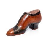A mid 19th Century carved treen table snuff shoe, inlaid brass tack, hinged cover, width 12cm