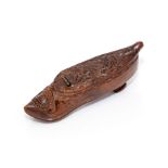 A mid 19th Century treen shoe snuff box, chip carved and with buckle, hinged cover, width 12cm