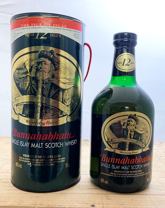 A bottle of 12 Year Old Bunnahabhain Single Islay Malt Scotch Whisky.  Region: Islay Distillery: