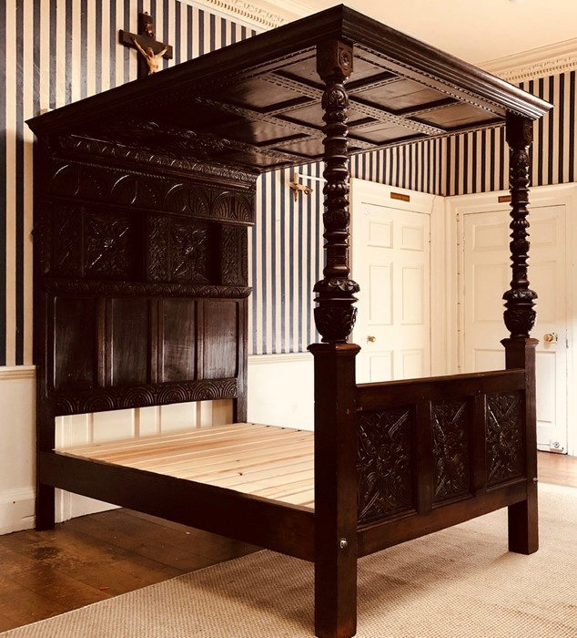 A Charles II oak four poster bed, circa 1670, moulded rectangular cornice with twelve panel roof, - Image 2 of 6