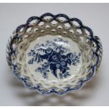 An eighteenth century blue and white transfer printed Worcester porcelain openwork large fruit