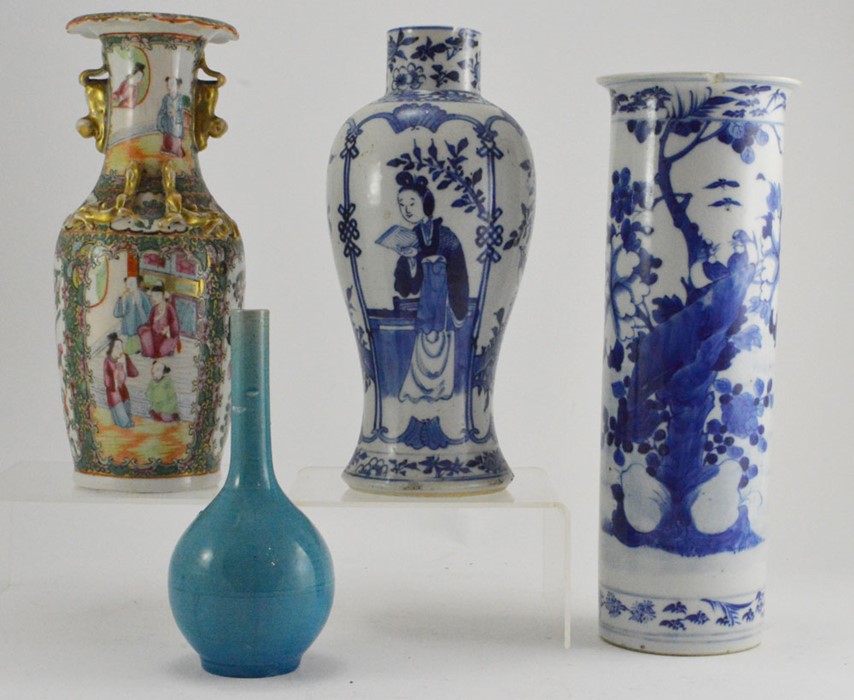 A 19th Century Chinese monochrome blue vase with a spiral dragon in high relief, a Famille Rose - Image 2 of 6