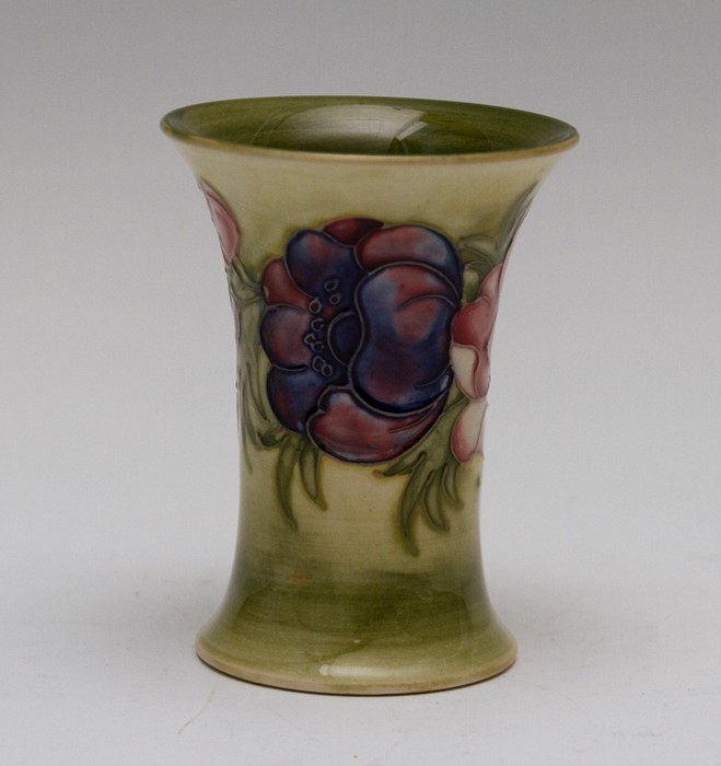 A Moorcroft tapered anemone vase, impressed marks and Queen Mary paper label, height 11cm - Image 3 of 4