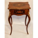 A Louis XV style walnut, marquetry and satinwood inlaid bijouterie table, serpentine form hinged top