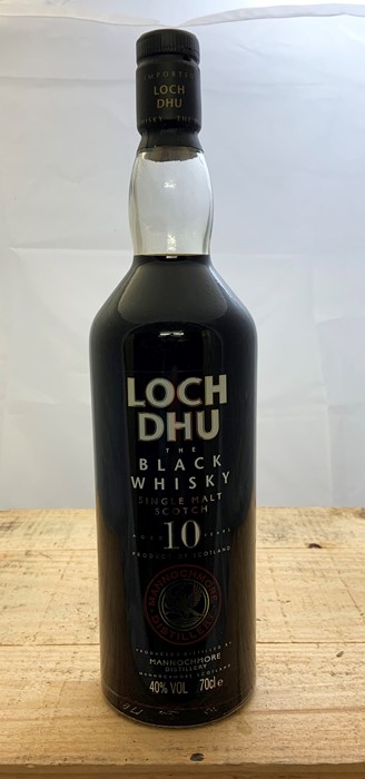 A bottle of 10 year old Limited Edition "The Black Whisky" Loch Dhu Whisky.  Region: Speyside